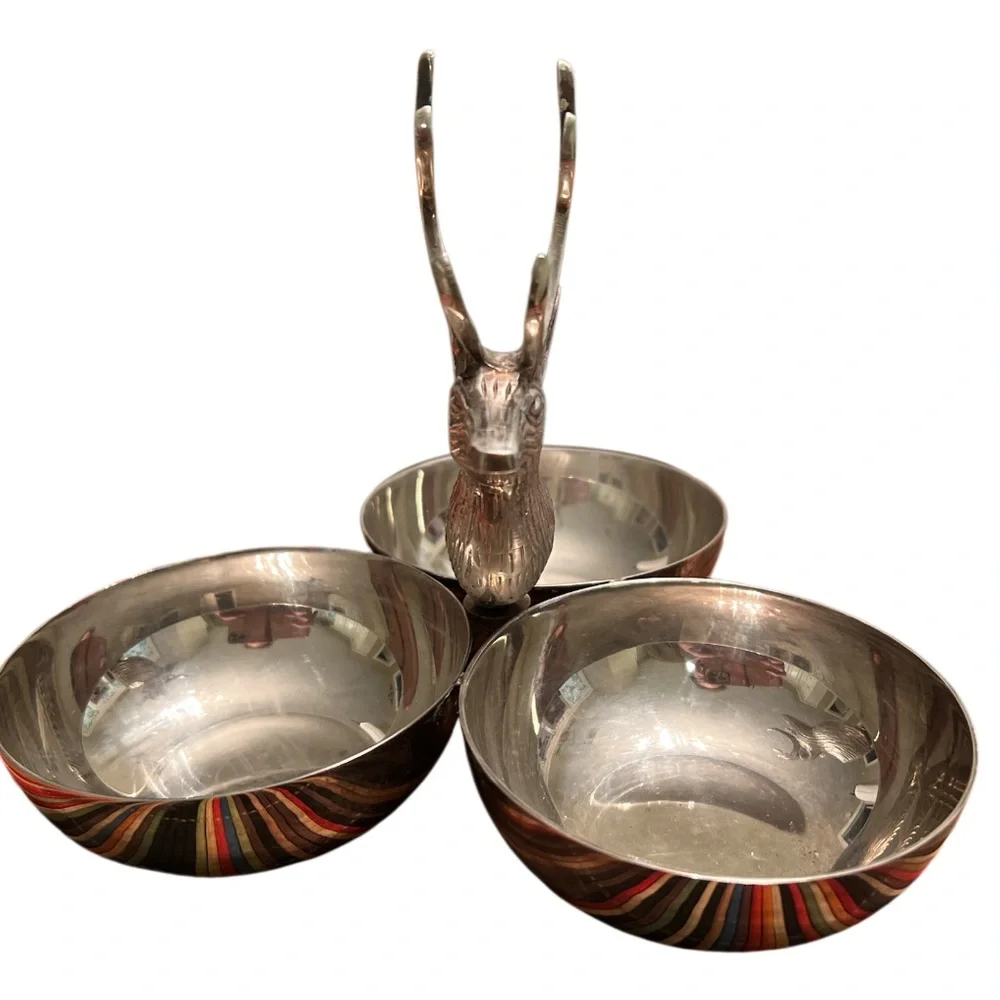 Vintage Deer Stag Triple Bowl Candy Dish Metal‎ Serving Tray